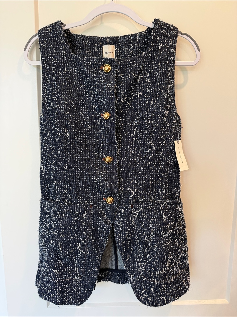 NWT Maeve Navy and White Tweed Sleeveless Tunic with Gold Buttons